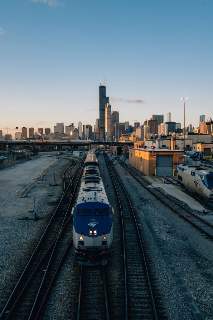 Train leaving Downtown Chicago