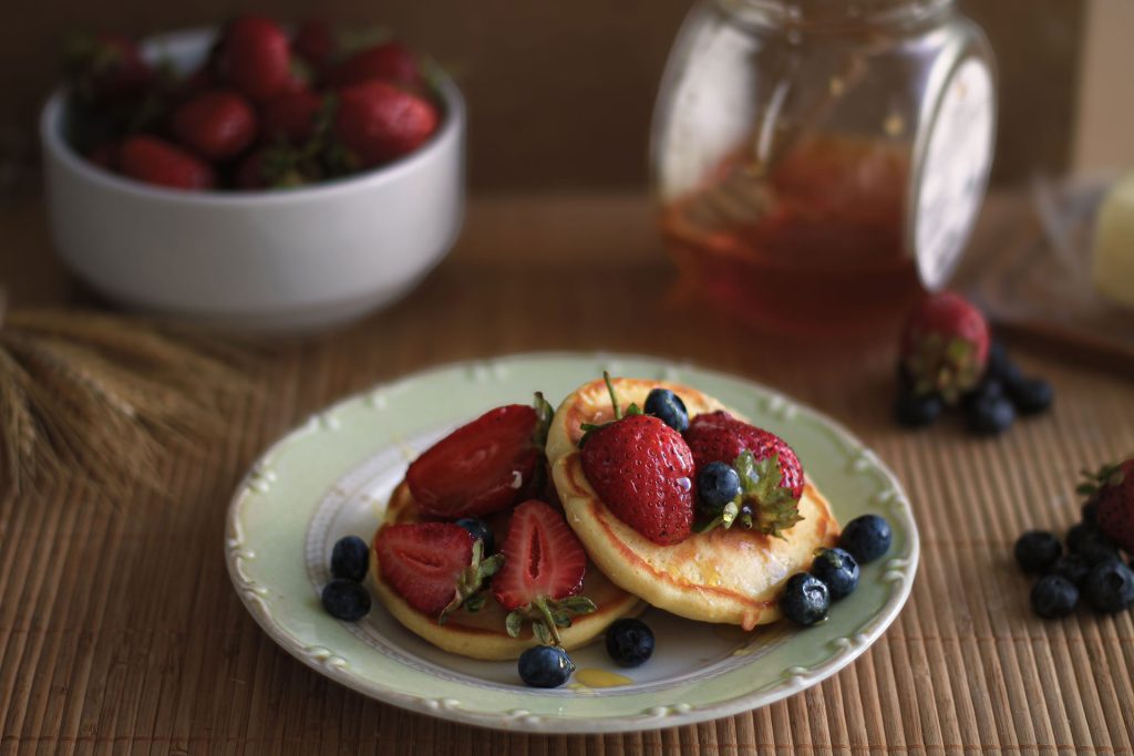 Pancakes with berries at Honey Berry Pancakes & Café near Yorktown Mall in Lombard, IL