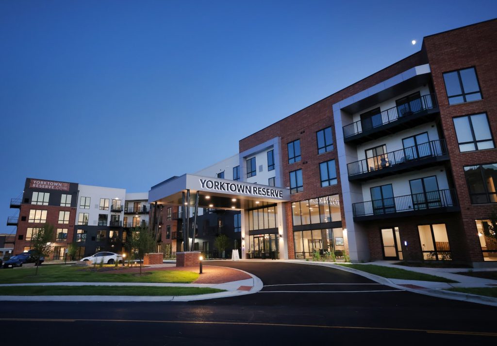 The entry of Yorktown Reserve apartment building