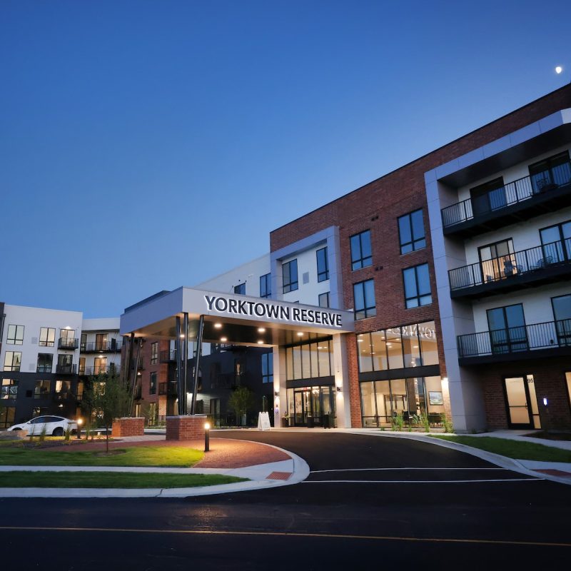 The entry of Yorktown Reserve apartment building
