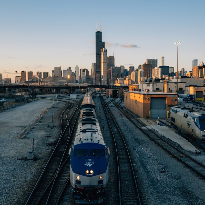 Train leaving Downtown Chicago